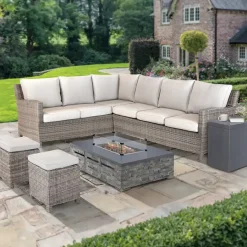 Fashion Palma Corner Sofa with Kalos Stone Fire Pit Table and Free Gas Storage box Rattan | Lounge Sets