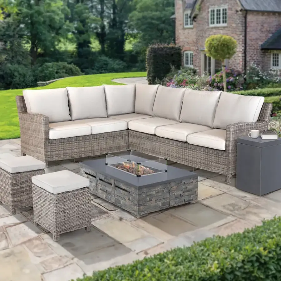 Fashion Palma Corner Sofa with Kalos Stone Fire Pit Table and Free Gas Storage box Rattan | Lounge Sets